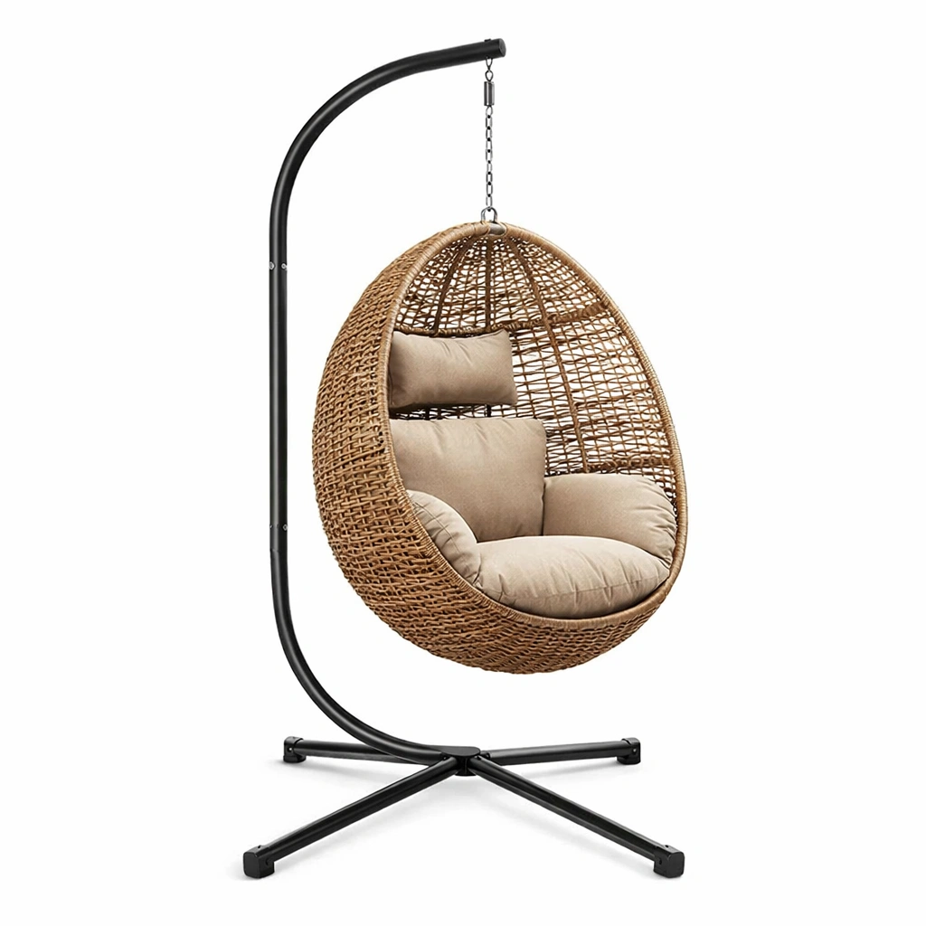 Hängesessel Rattan Braun mit Kissen und Metallrahmen Beige-HOMECRAFTORY