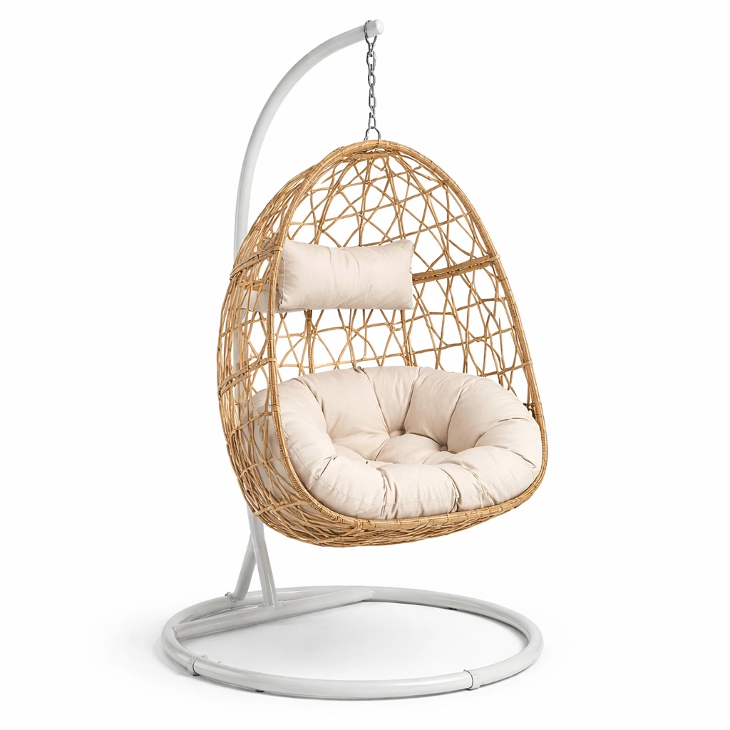 Hängesessel Rattan Natur mit Baumwollkissen und Stahlgestell-HOMECRAFTORY