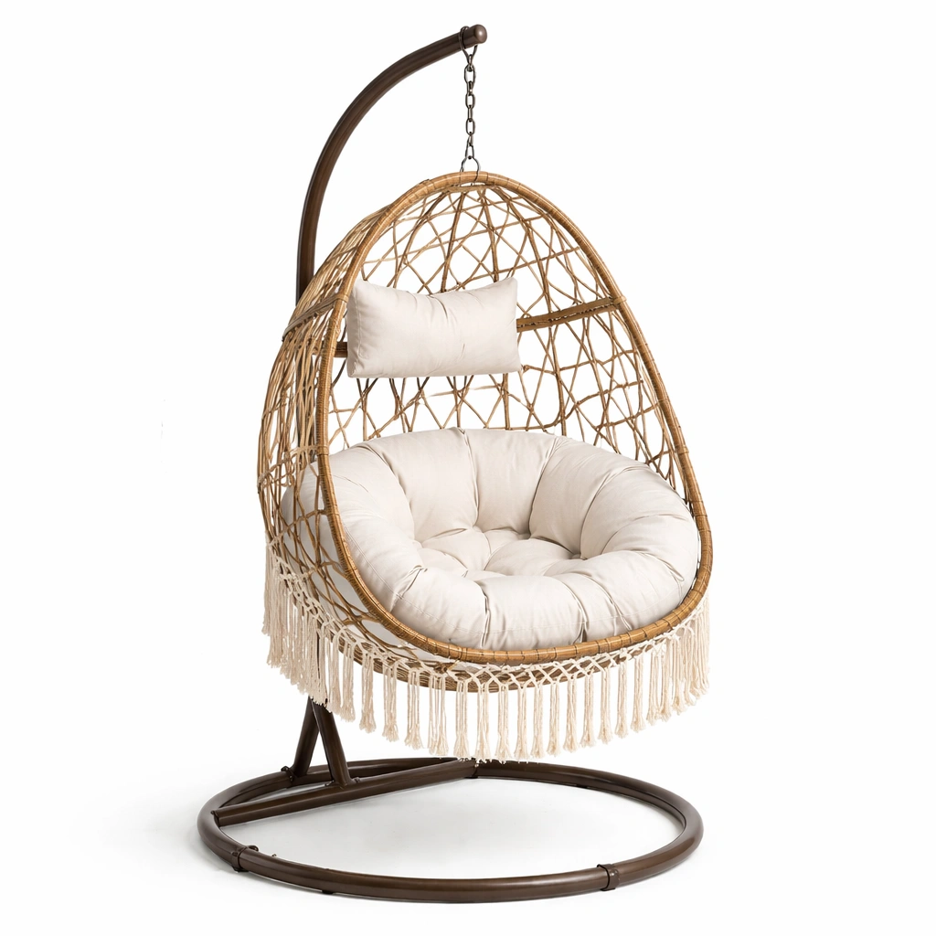 Hängesessel Rattan mit Stahlrahmen Natur Weiß-HOMECRAFTORY