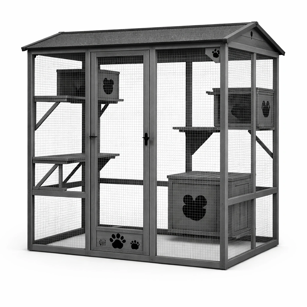 Katzengehege Massivholz und verzinkter Stahl Grau 182x120x180 cm-HOMECRAFTORY