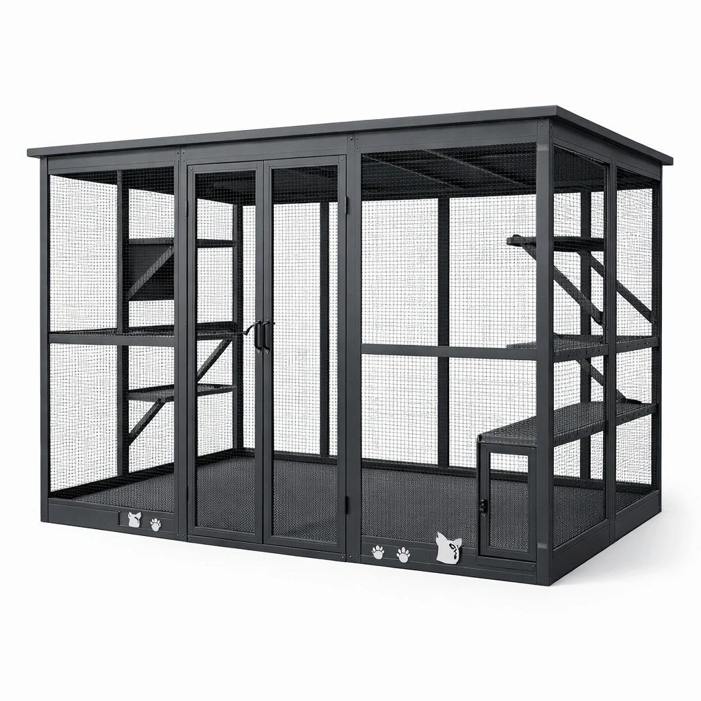Katzengehege Metall Schwarz für den Außenbereich 180x240x120 cm-HOMECRAFTORY