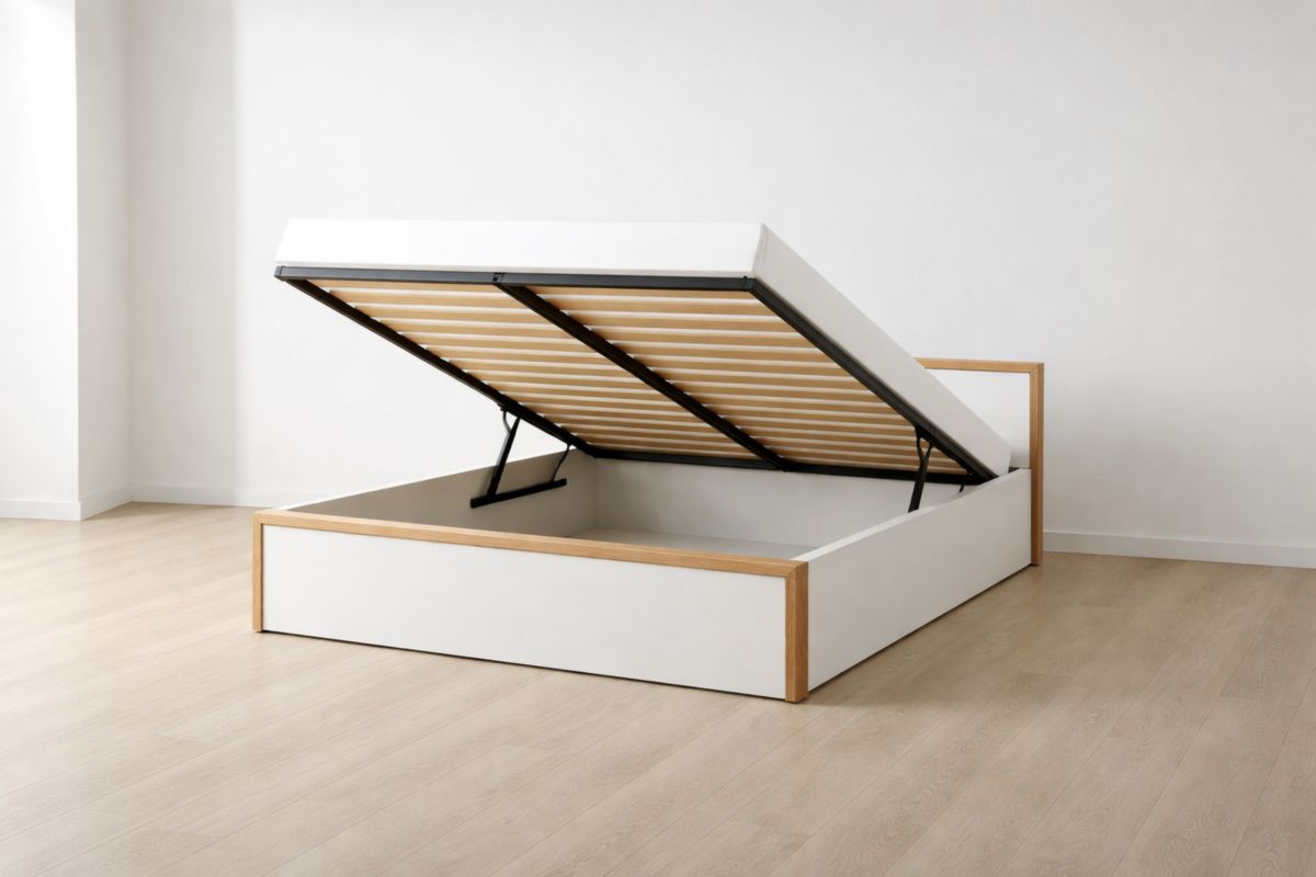 Bettgestell mit Stauraum Hebemechanismus MDF Holz Weiß 200x160x35 cm