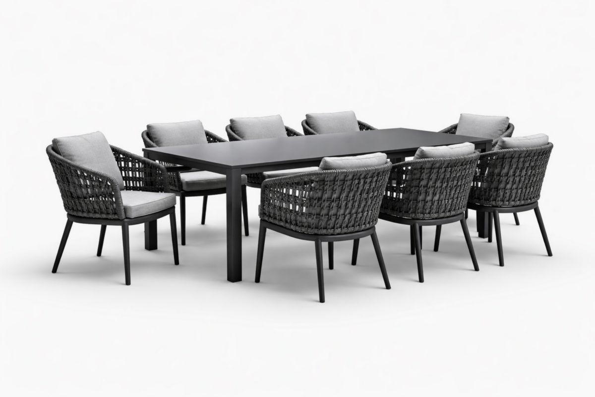 Gartenmöbelset Aluminium Esstisch mit 8 Rattan-Stühlen Dunkelgrau