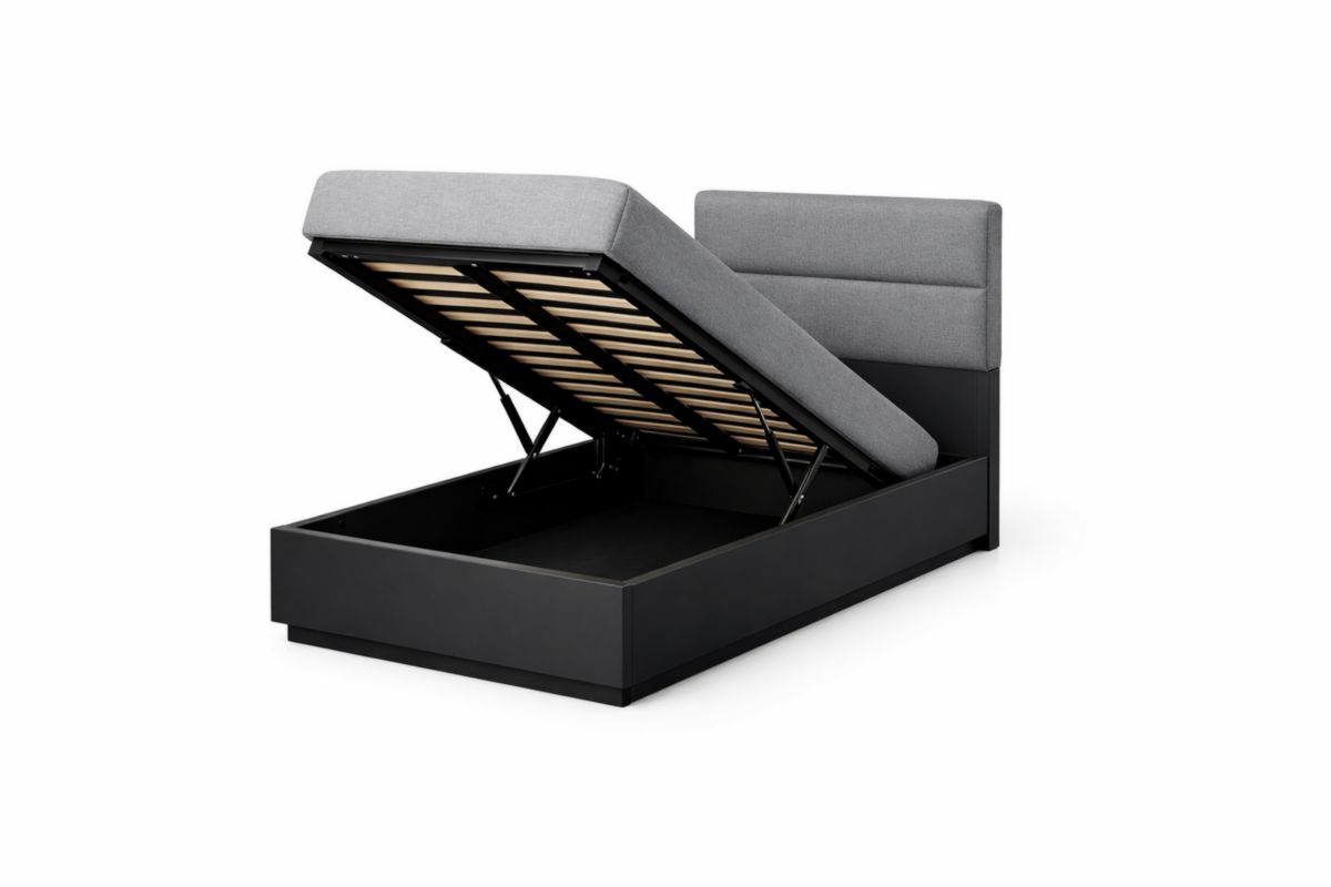 Bett mit Stauraum Textil Grau/Schwarz Massivholzrahmen