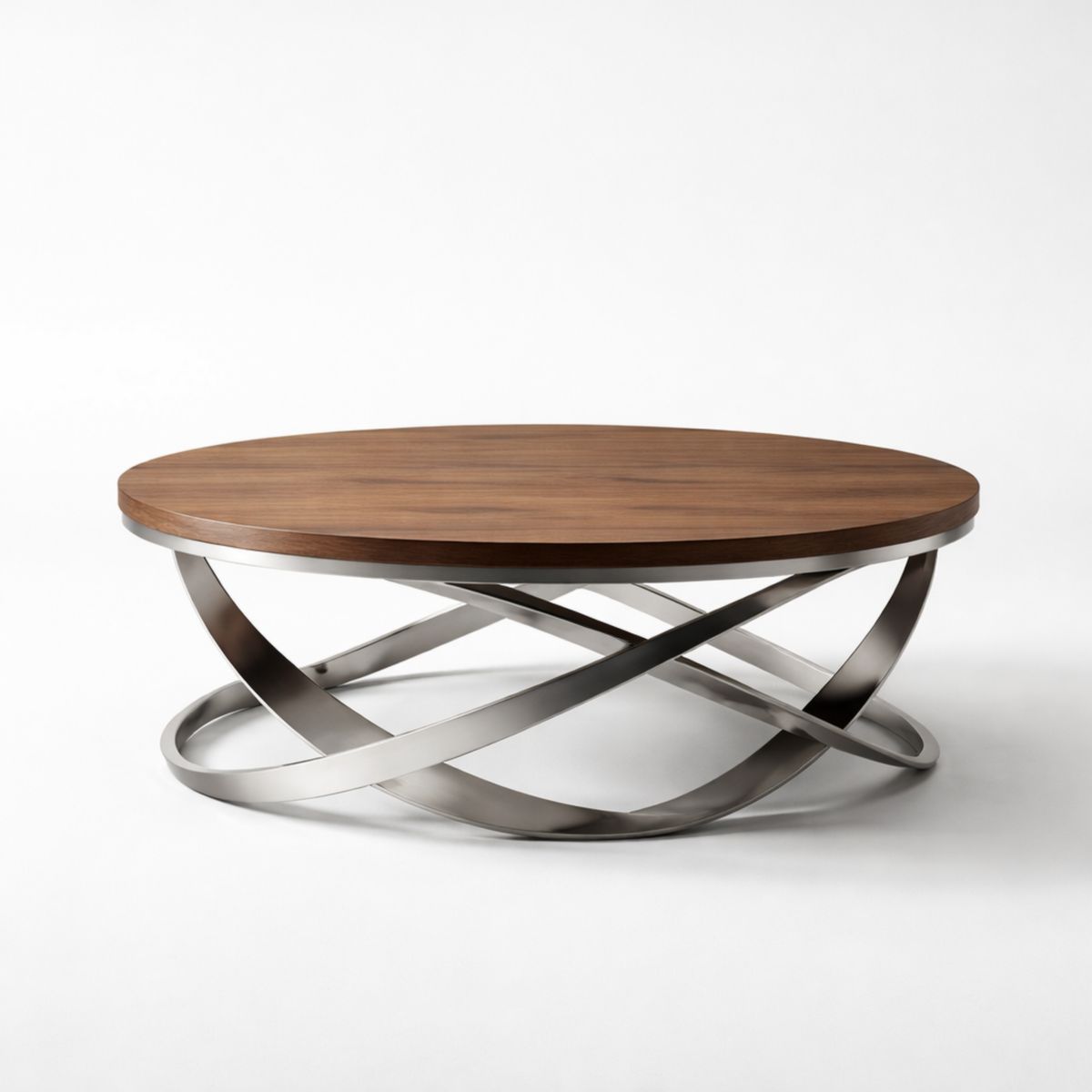 Runder Couchtisch aus Holz mit Edelstahlfuß, 90 cm Durchmesser