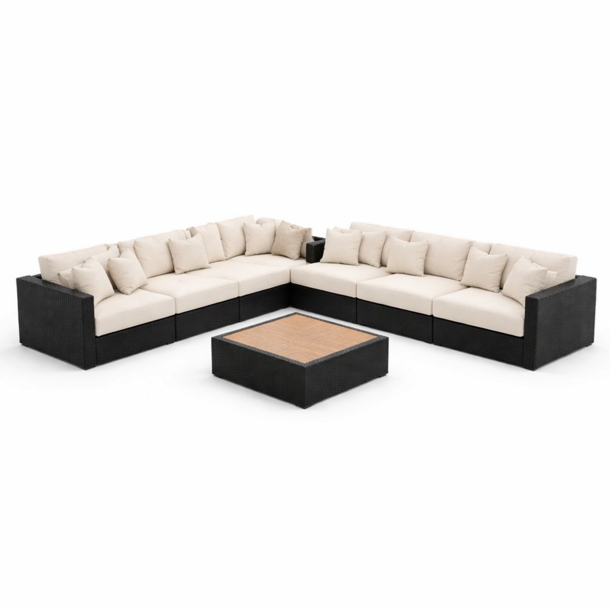 Sofa Set aus PE-Rattan mit Beigen Kissen und Tisch
