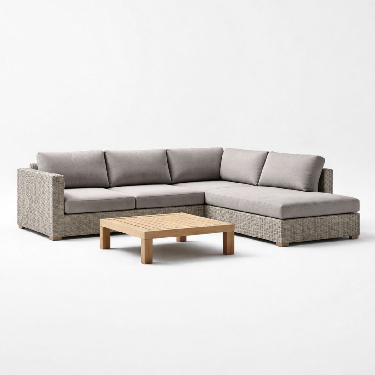 L-förmiges Ecksofa-Set aus Rattan und Holz in Grau