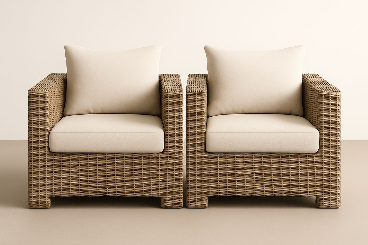 Set aus 2 Rattan-Sesseln mit Kissen, Aluminiumrahmen, Beige