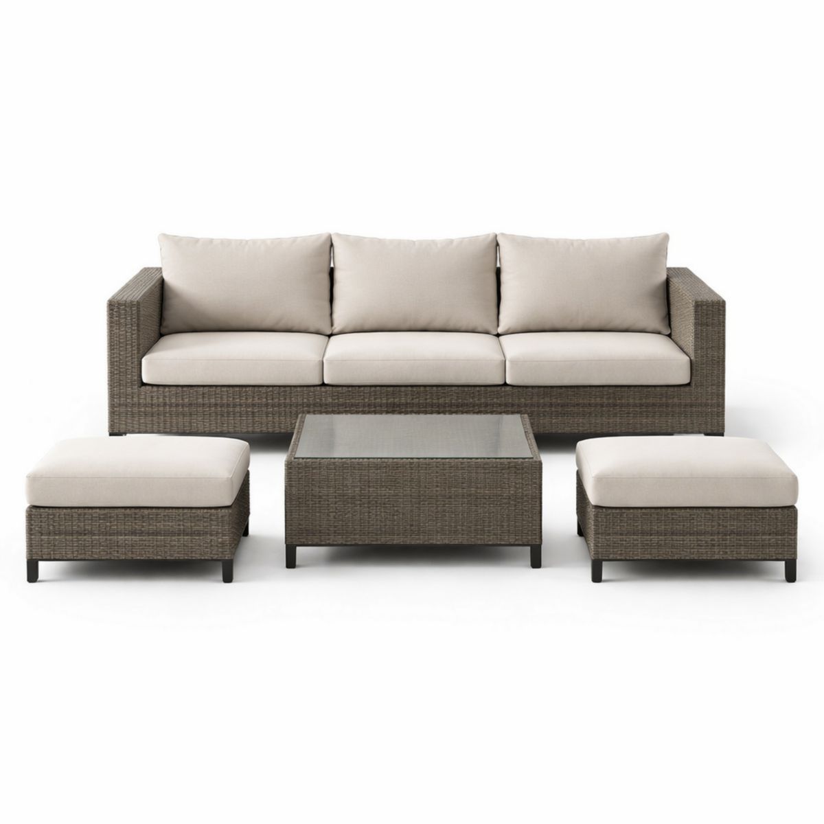 Gartenmöbel Set Rattan Sofa mit Glas Couchtisch und Fußhocker Beige