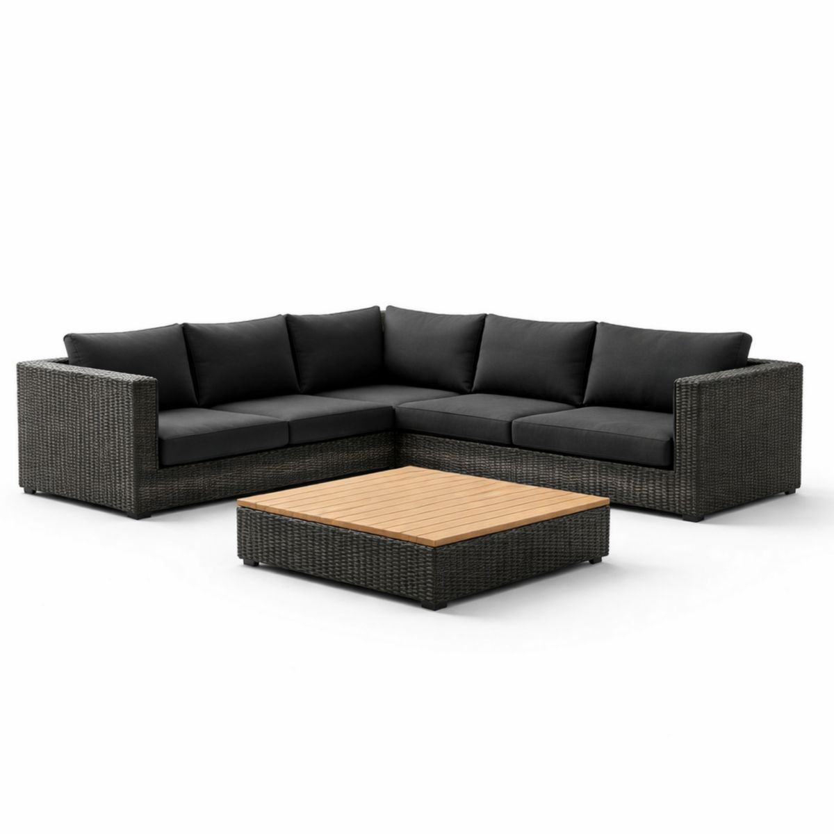 Ecksofa Set Rattan Schwarz mit Akazienholz Tisch und Kissen