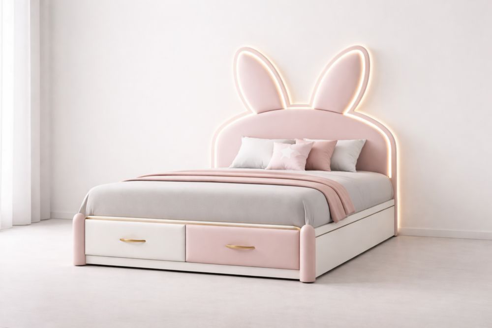 Kinderbett mit Hasekopfteil LED Polsterung Rosa/Weiß mit Schubladen