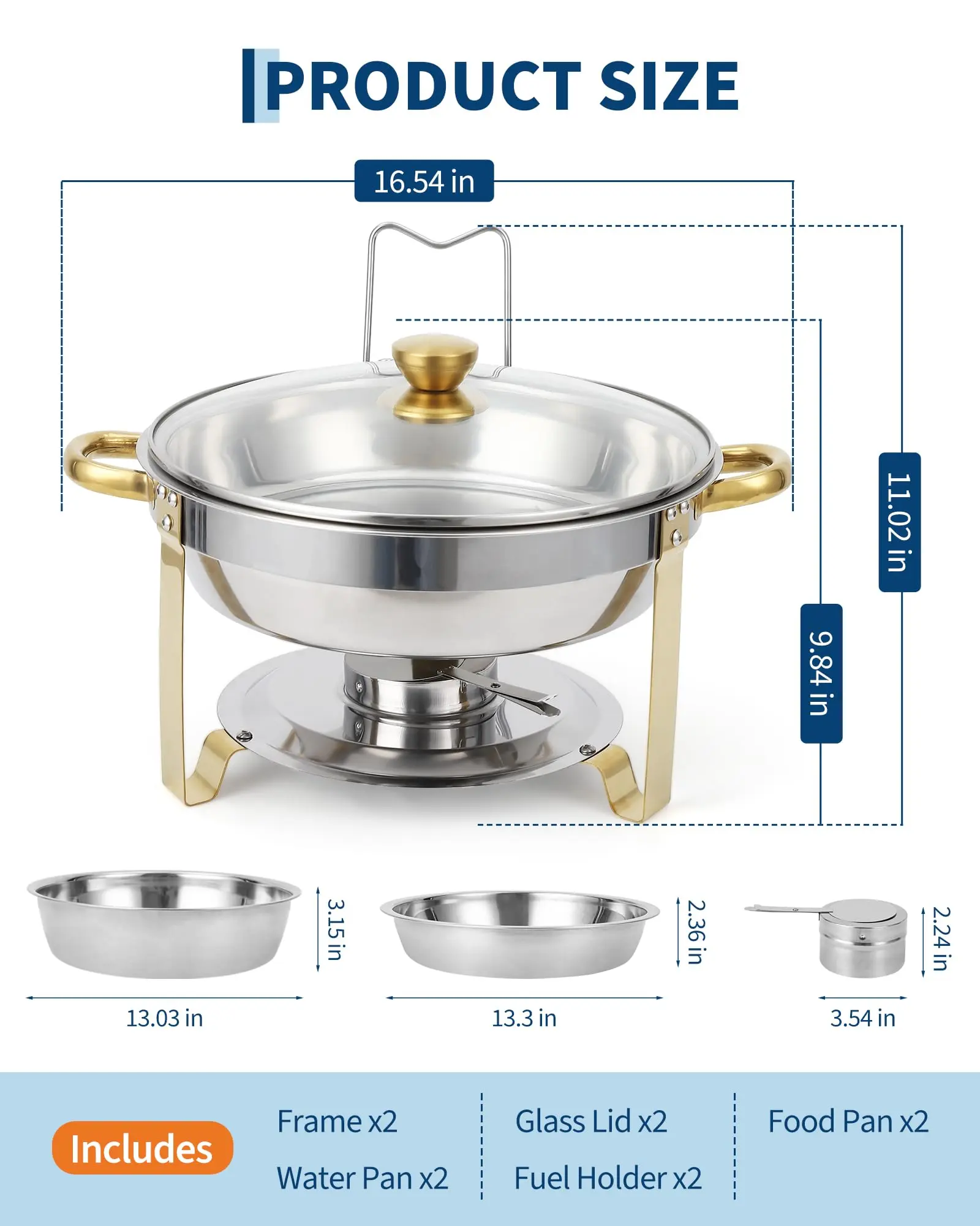 Juego de 4 Calentadores de Comida Redondos de Acero Inoxidable (5 Qt) para Buffet — Utensilios de Cocina con Retención de Calor, Tapa de Cristal Visible, Soporte para Tapa, Bandejas para Alimentos y Agua — Accesorios de Cocina en Acabado Dorado — Ideal pa