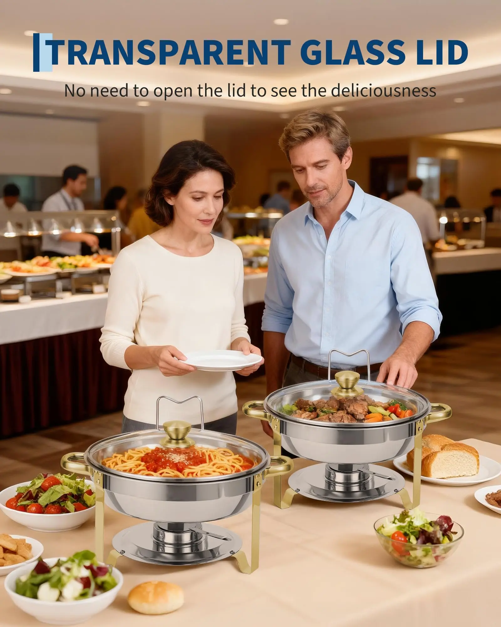 Juego de 4 Calentadores de Comida Redondos de Acero Inoxidable (5 Qt) para Buffet — Utensilios de Cocina con Retención de Calor, Tapa de Cristal Visible, Soporte para Tapa, Bandejas para Alimentos y Agua — Accesorios de Cocina en Acabado Dorado — Ideal pa