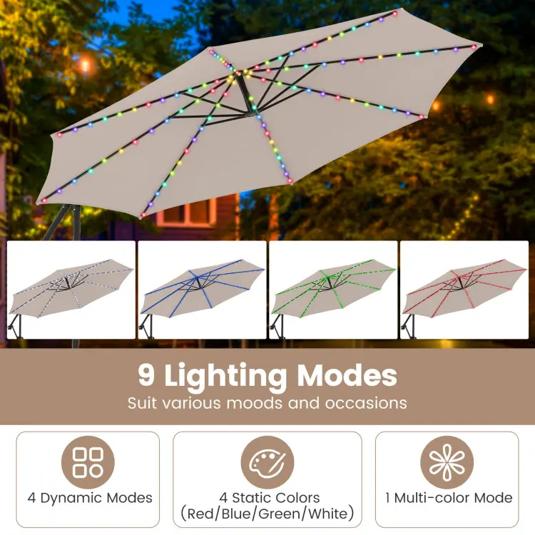 Sombrilla solar voladiza para patio de 10 pies con base — Sombrilla colgante descentrada para exteriores con 96 luces LED, 9 modos, ajuste de inclinación y rotación de 360° con manivela — Ideal para piscinas, patios, terrazas y jardines — Ofertas exclusiv