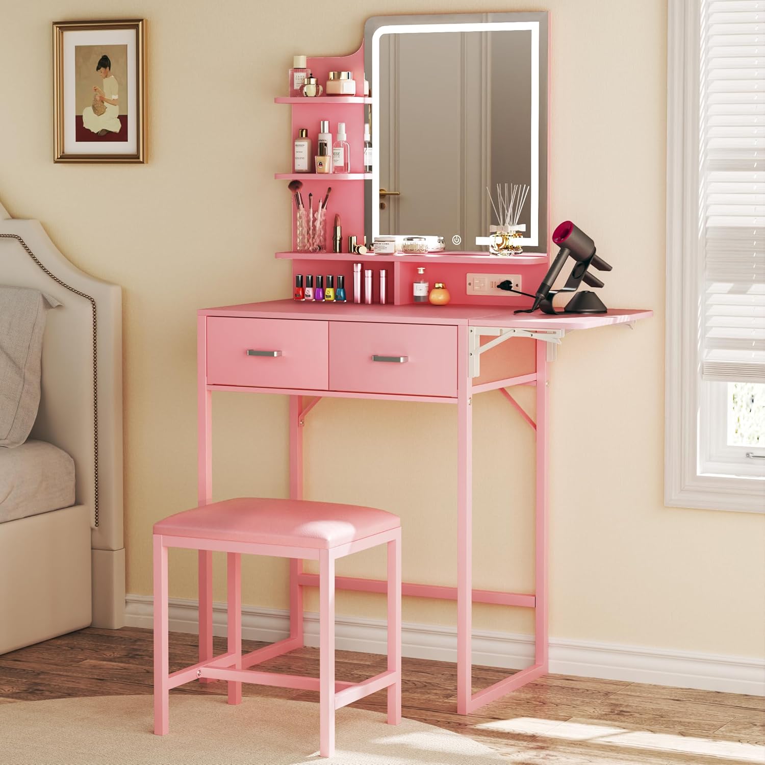 Makeup Vanity Desk with Mirror and Lights, Small Makeup Vanity with Fabric Storage Drawer & Chair & Shelves, Pink Vanity with Fold-up Panel and Power Outlet for Bedroom