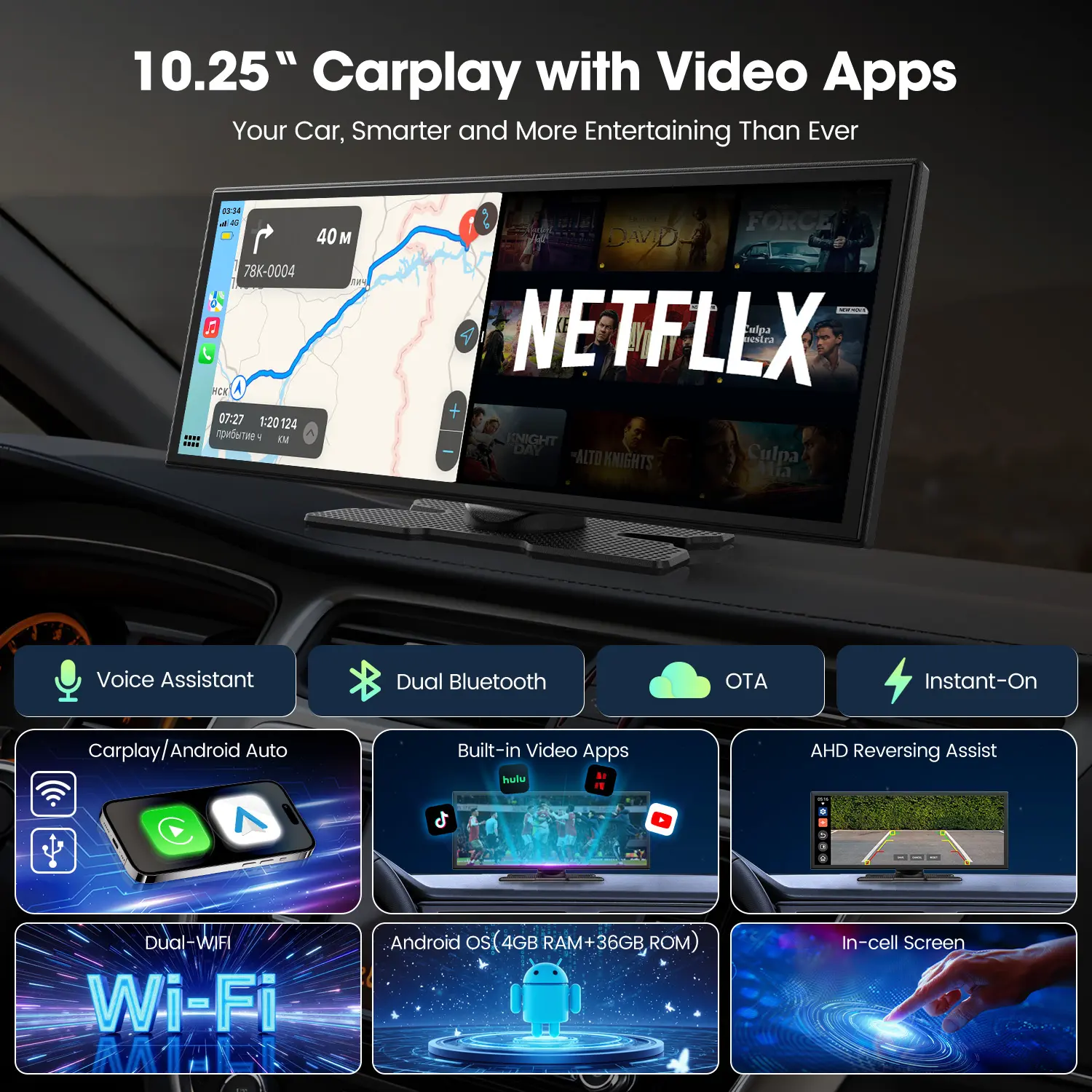 Pantalla inalámbrica CarPlay de 10,25 pulgadas — Compatible con las aplicaciones TikTok, Netflix y YouTube; permite el uso de aplicaciones en pantalla dividida, admite cámara de marcha atrás, navegación y asistente de voz. Compatible con iOS 10+ y Android