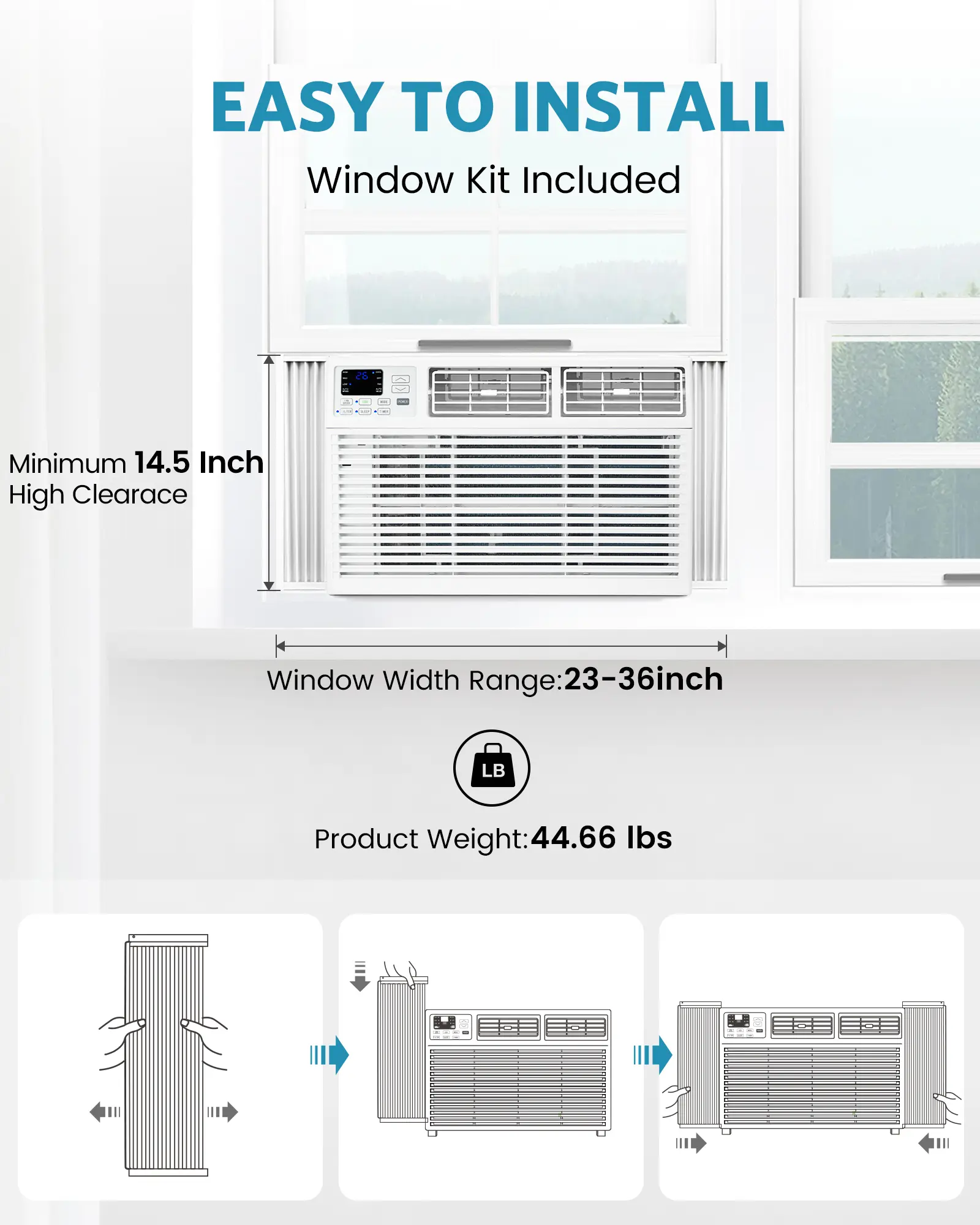 Aire acondicionado de ventana de 5000 a 14000 BTU, unidad de aire acondicionado para ventanas con capacidad de enfriamiento de hasta 350 pies cuadrados, 4 modos y 3 velocidades de ventilador, temporizador de 24 horas, control remoto, funcionamiento silenc