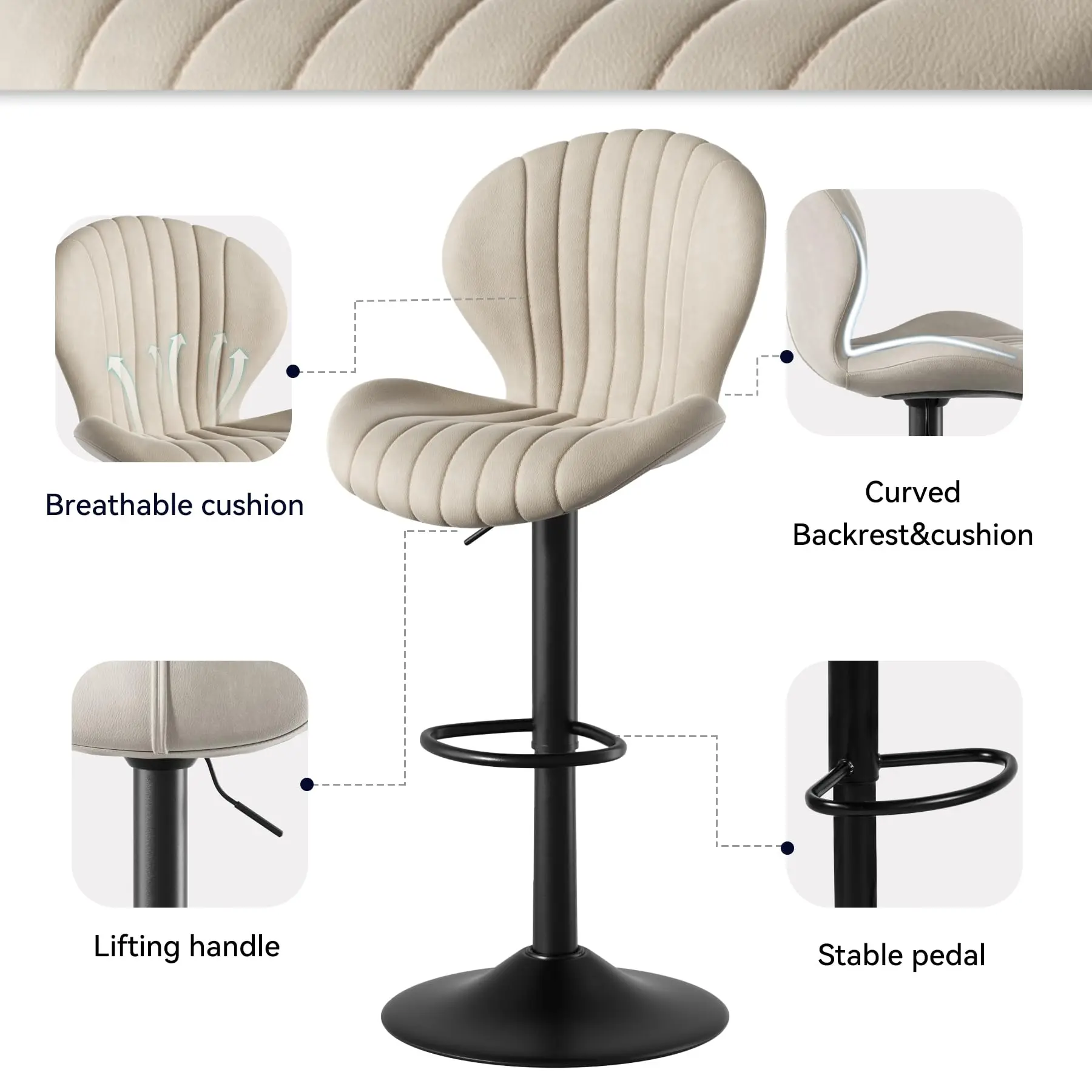 Juego de 2 taburetes de bar modernos y giratorios — Taburetes de altura de mostrador con respaldo alto — Montaje fácil en 3-5 minutos — Ideal para bar, cocina y comedor — Beige
