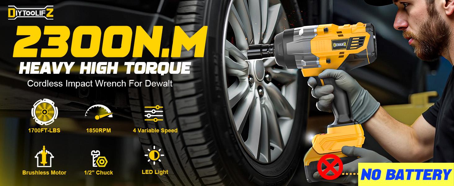 1700Ft-lbs (2300N.m) Cordless Impact Wrench 1/2" Compatible with Dewalt/Milwaukee Battery(No Battery!!),Brushless Impact Gun with 4 Modes & LED Light for CarTruck fathers day gift