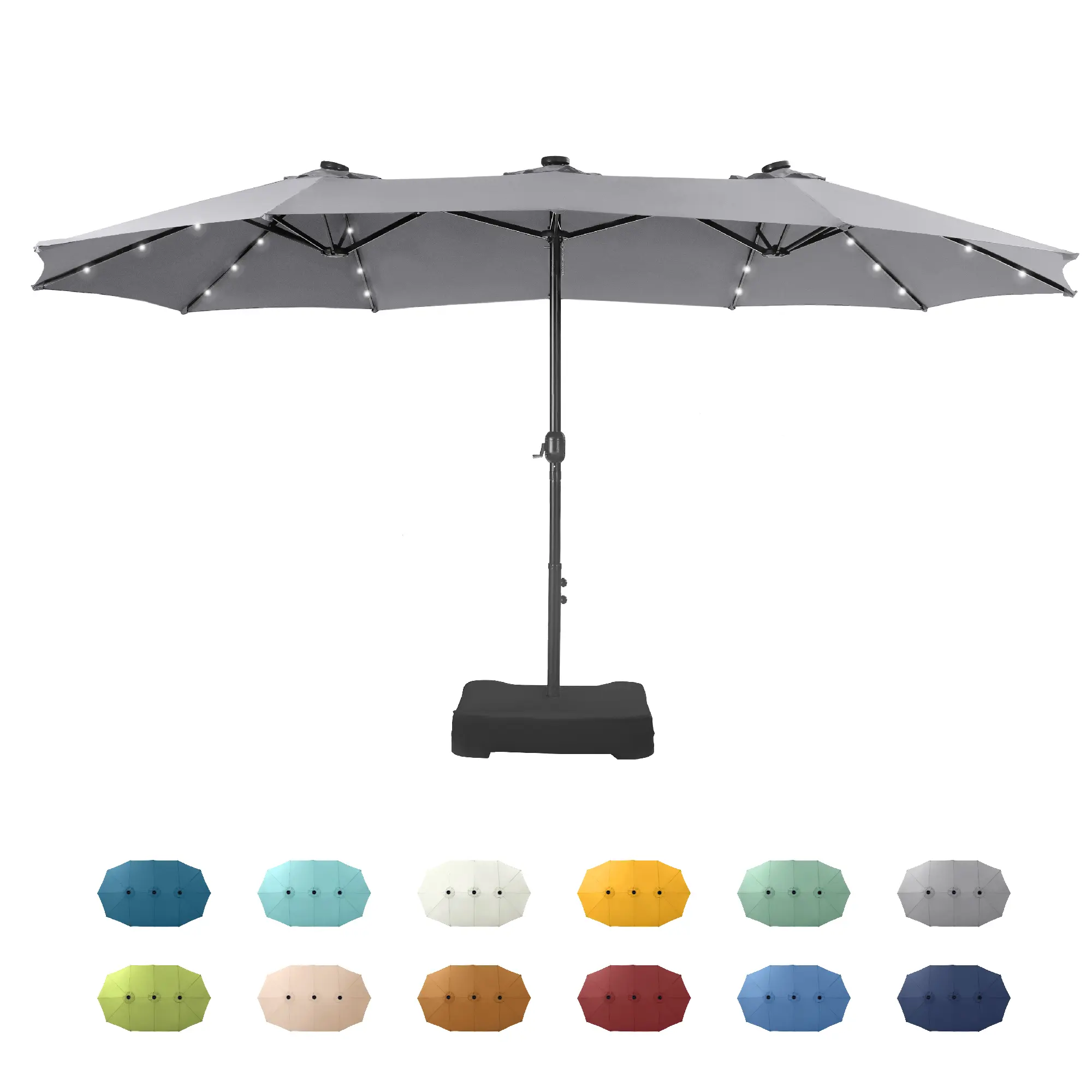 [Summer Vibes] Sombrilla de Patio Extra Grande de 15 pies, de Doble Cara, con Base y Luces LED — Amplia Estructura de Acero, Protección UV, Base Metálica Incluida, Práctica Manivela