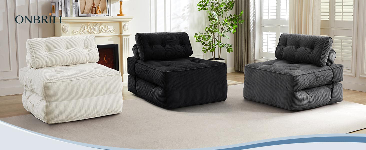 【SummerVibes】ONBRILL Folding Sofa Bed with Pillow, Convertible Sleeper Chair with Back Support, Corduroy Portable Fold Out Chair Bed, Comfy Floor Sofa Lounge for Living Room, Single