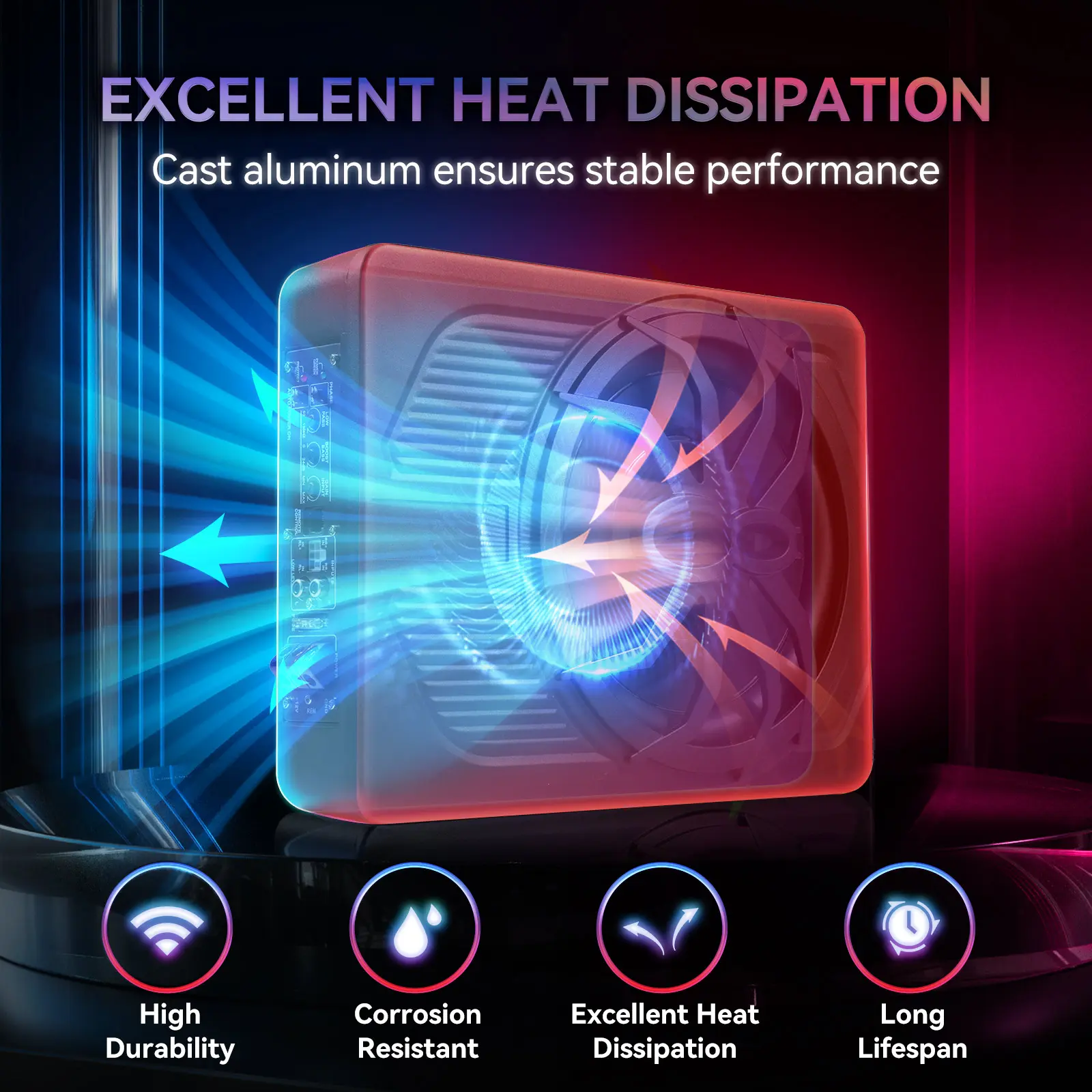 Subwoofer para automóvil con control por aplicación y luz de colores — Subwoofer activo extraplano de 10 pulgadas para instalar bajo el asiento, con amplificador integrado y entradas de nivel alto/bajo; altavoz de graves para coches, camiones, SUV, Jeep y