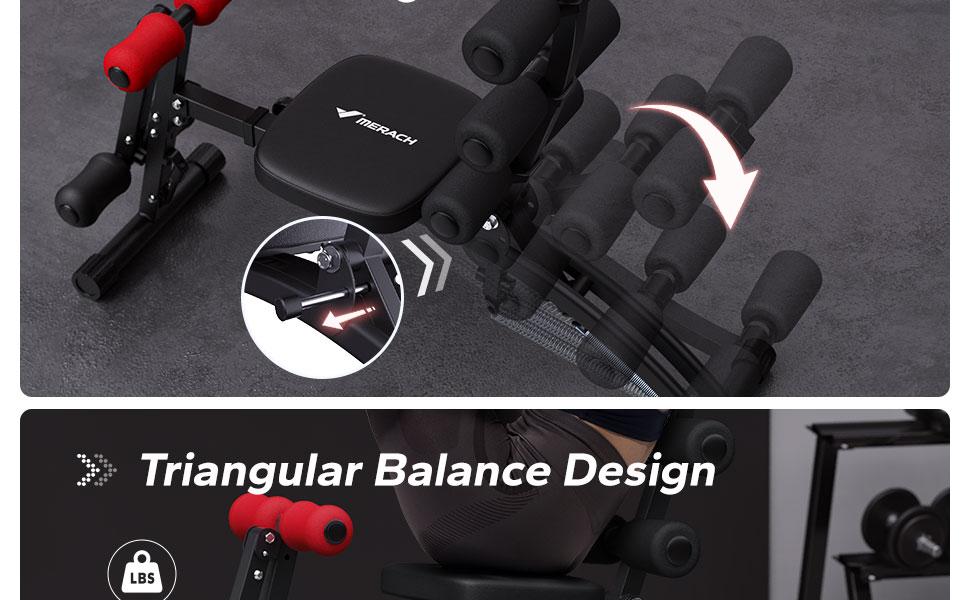Merach Adjustable Weight Bench, Multi-Functional Full-Body Dumbbell Workouts, 300lbs Capacity Triangular Structure, Ergonomic Padded Backrest, Exercise Machine for Home Gym Strength Training