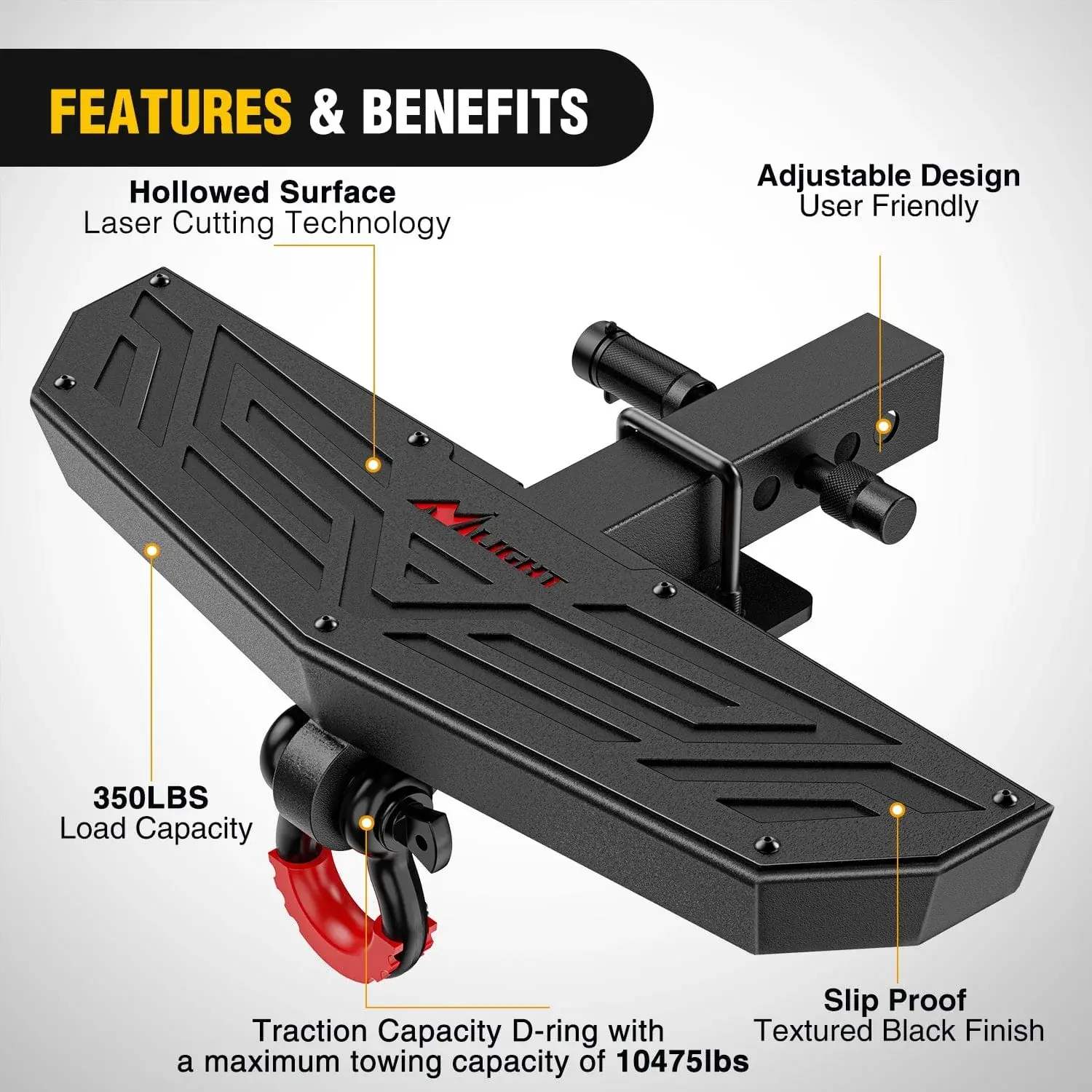 Escalón universal para enganche de remolque (receptor de 2 pulgadas) con grillete en D antirrobo, cerradura y estabilizador; diseño antideslizante y protector de parachoques trasero para camionetas, furgonetas, SUV y vehículos todoterreno (ATV).