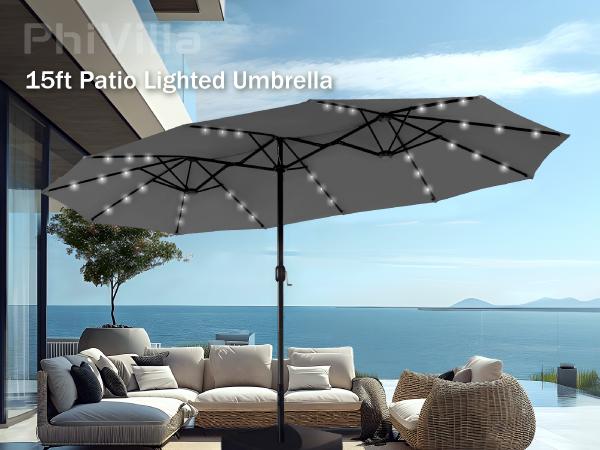 [Summer Vibes] PHI VILLA 15ft Extra Large Double-Sided Patio Umbrella with Base & LED Lights - Large Steel Frame, UV Protection, Metal Base Included, Useful Crank