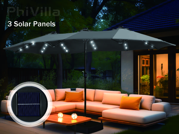 [Summer Vibes] PHI VILLA 15ft Extra Large Double-Sided Patio Umbrella with Base & LED Lights - Large Steel Frame, UV Protection, Metal Base Included, Useful Crank