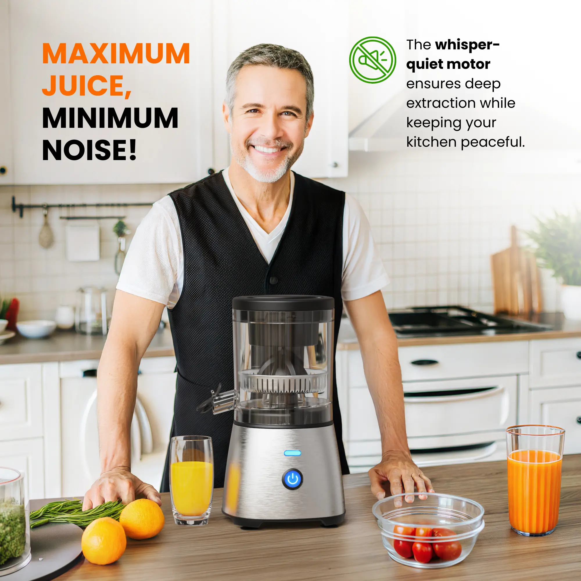 Exprimidor eléctrico de cítricos manos libres – Acero inoxidable y compacto