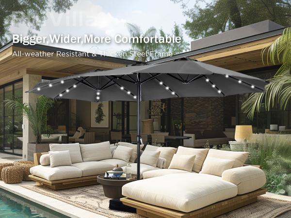 [Summer Vibes] PHI VILLA 15ft Extra Large Double-Sided Patio Umbrella with Base & LED Lights - Large Steel Frame, UV Protection, Metal Base Included, Useful Crank