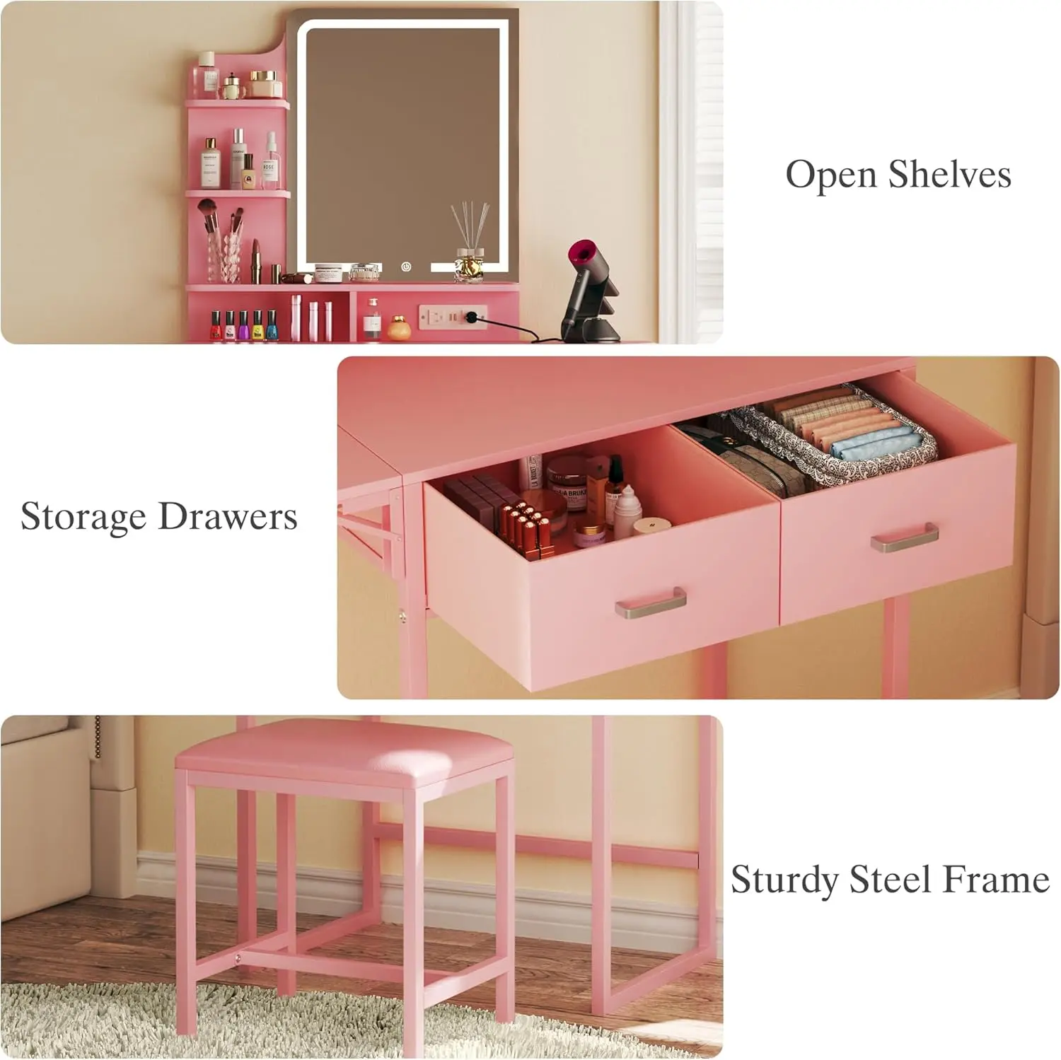 Tocador de maquillaje con espejo y luces, tocador compacto con cajón de almacenamiento de tela, silla y estantes; tocador rosa con panel abatible y toma de corriente para dormitorio.