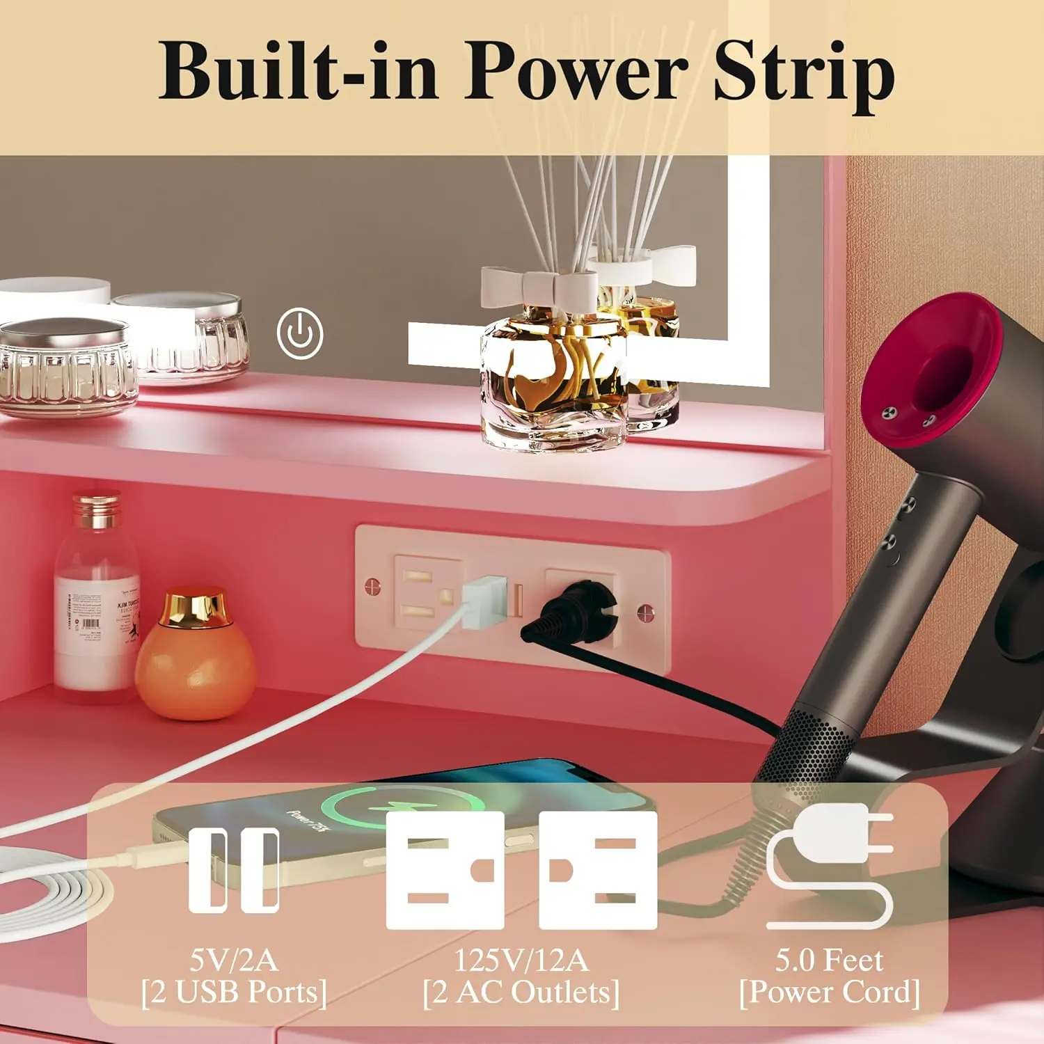 Tocador de maquillaje con espejo y luces, tocador compacto con cajón de almacenamiento de tela, silla y estantes; tocador rosa con panel abatible y toma de corriente para dormitorio.
