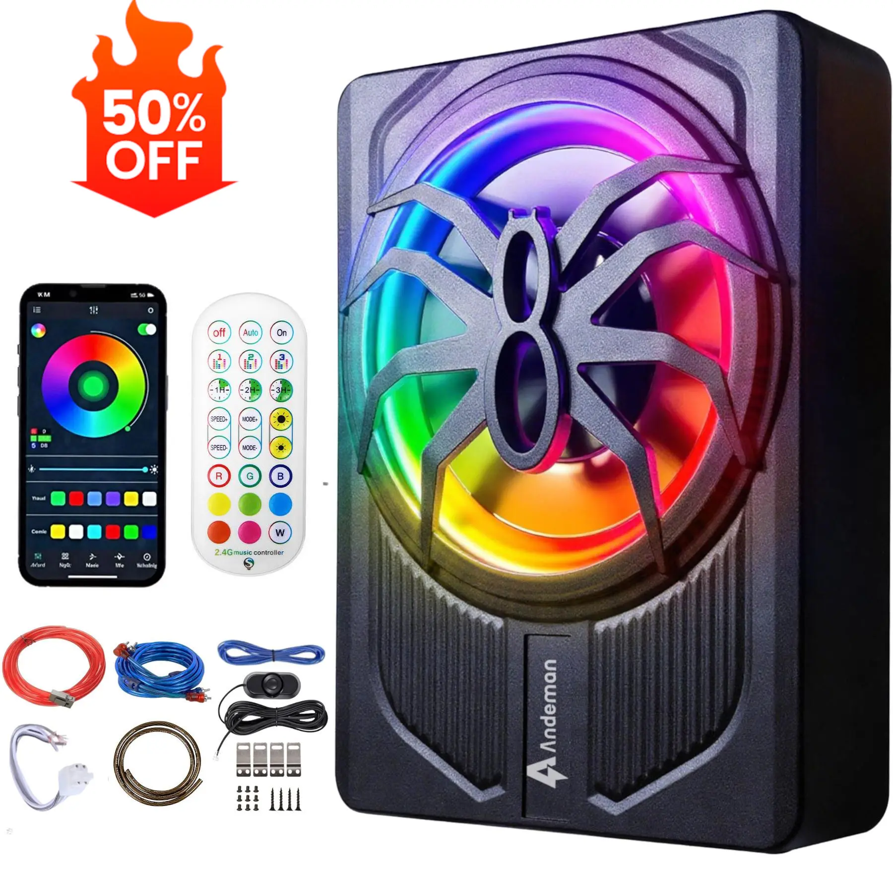 Subwoofer para automóvil con control por aplicación y luz de colores — Subwoofer activo extraplano de 10 pulgadas para instalar bajo el asiento, con amplificador integrado y entradas de nivel alto/bajo; altavoz de graves para coches, camiones, SUV, Jeep y