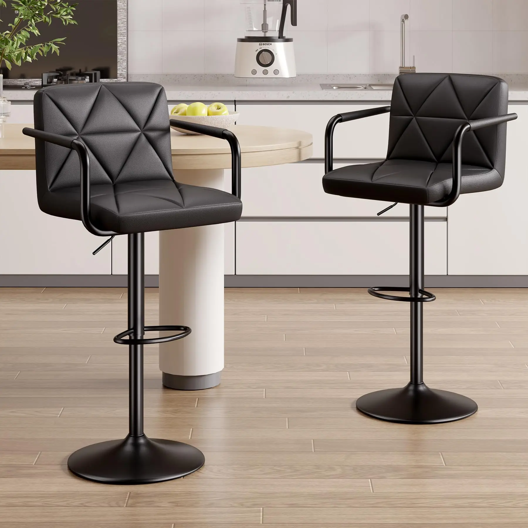 Oferta especial: Juego de 2 taburetes de bar — Altura ajustable (25.5-34.5 pulgadas), con respaldo y reposabrazos; sillas giratorias tapizadas en cuero sintético, altura de mostrador.