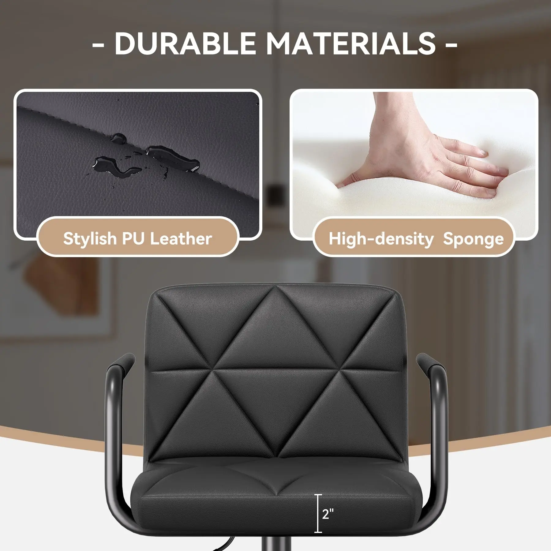 Oferta especial: Juego de 2 taburetes de bar — Altura ajustable (25.5-34.5 pulgadas), con respaldo y reposabrazos; sillas giratorias tapizadas en cuero sintético, altura de mostrador.