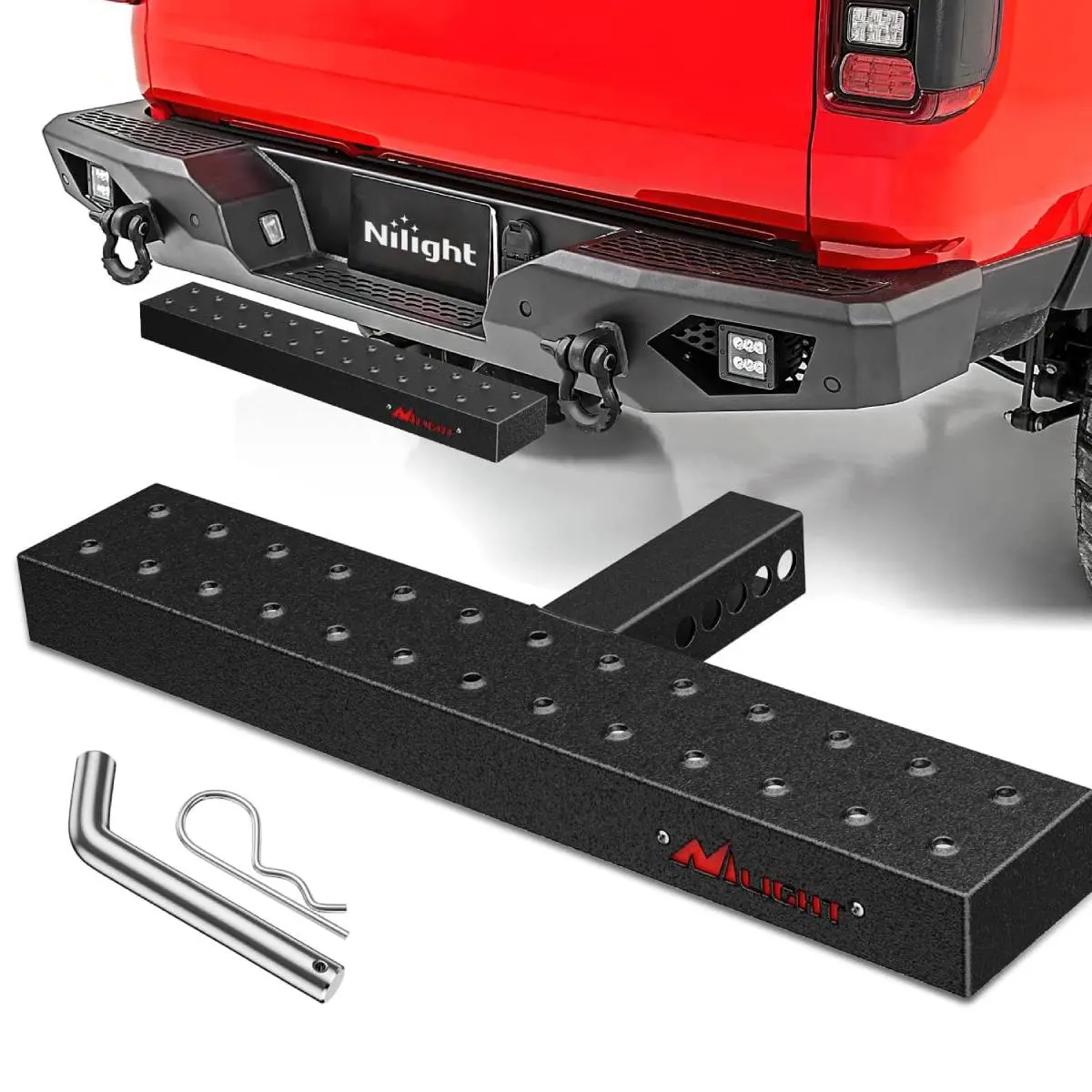Escalón universal para enganche de remolque (receptor de 2 pulgadas) con grillete en D antirrobo, cerradura y estabilizador; diseño antideslizante y protector de parachoques trasero para camionetas, furgonetas, SUV y vehículos todoterreno (ATV).