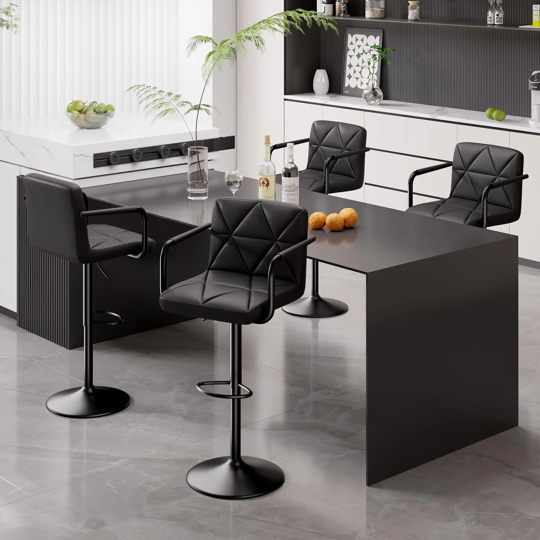 Oferta especial: Juego de 2 taburetes de bar — Altura ajustable (25.5-34.5 pulgadas), con respaldo y reposabrazos; sillas giratorias tapizadas en cuero sintético, altura de mostrador.