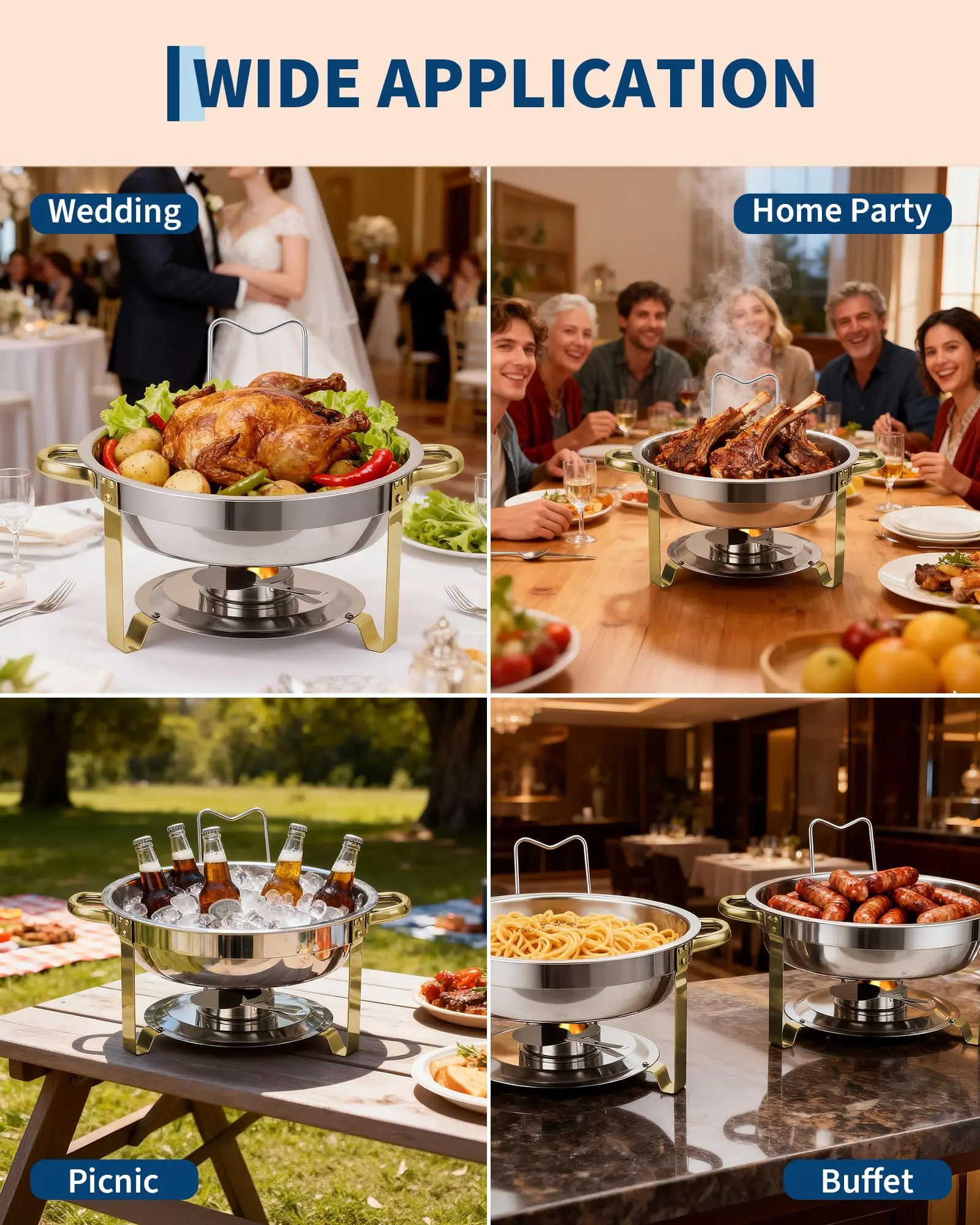Juego de 4 Calentadores de Comida Redondos de Acero Inoxidable (5 Qt) para Buffet — Utensilios de Cocina con Retención de Calor, Tapa de Cristal Visible, Soporte para Tapa, Bandejas para Alimentos y Agua — Accesorios de Cocina en Acabado Dorado — Ideal pa