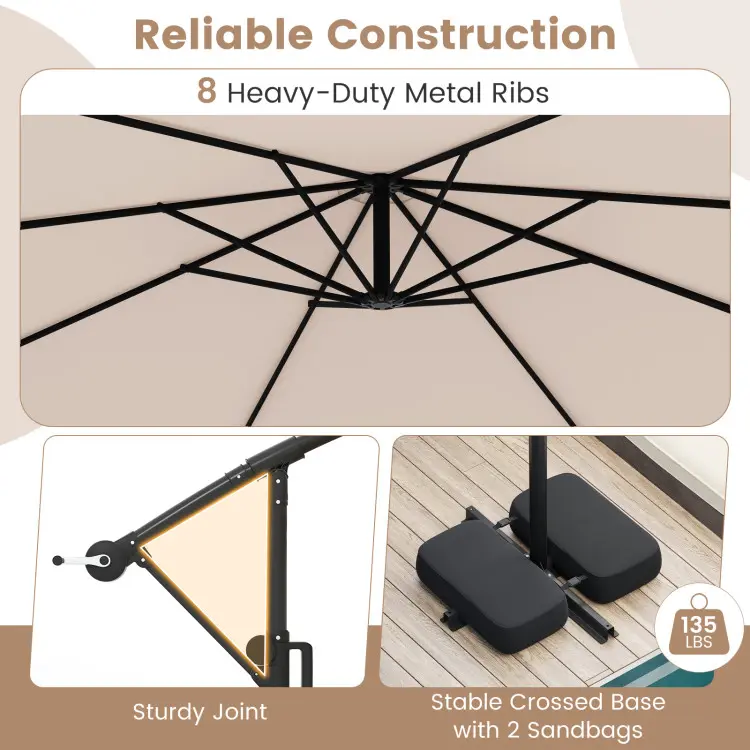 Sombrilla solar voladiza para patio de 10 pies con base — Sombrilla colgante descentrada para exteriores con 96 luces LED, 9 modos, ajuste de inclinación y rotación de 360° con manivela — Ideal para piscinas, patios, terrazas y jardines — Ofertas exclusiv