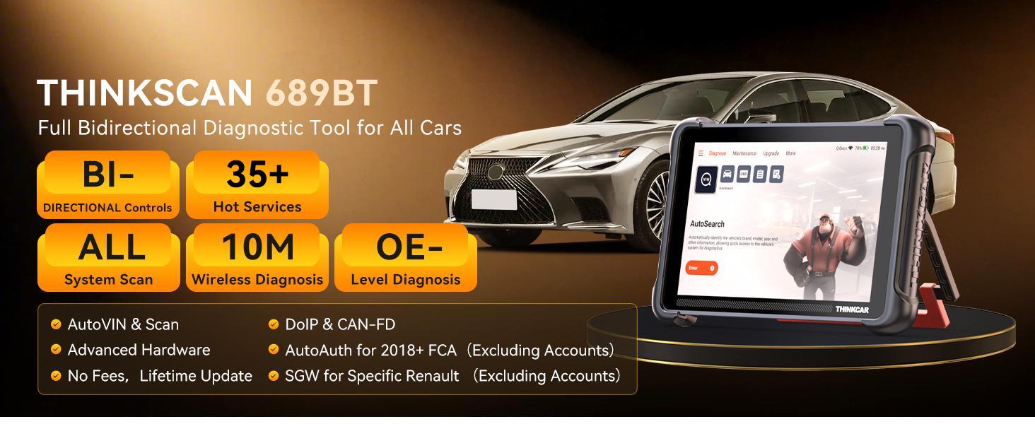 THINKCAR Lifetime Free Update Car OBD2 Scanner Tool, THINKSCAN 689BT All-System Automotive Diagnostic Tool, Bi-Directional OBD2 Scanner with ECU Coding, 35+ Services, FCA Autoauth, CANFD&DoIP，Bidirectional Scan Tool fathersdaygift