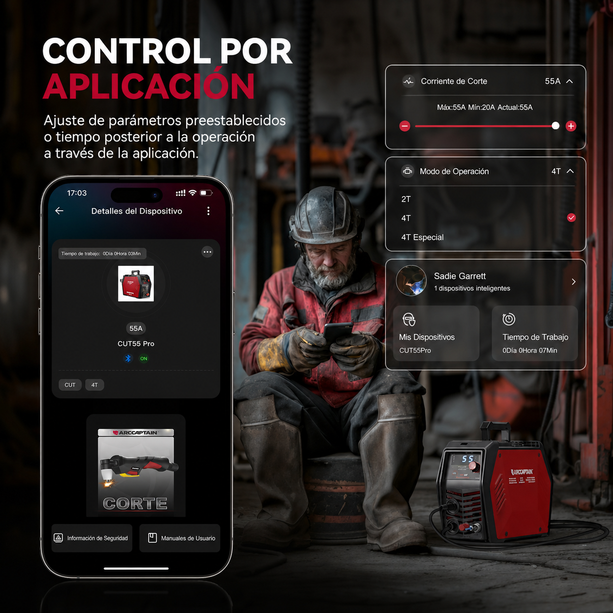 Cortadora de plasma con control por APP, 55 amperios, arco piloto sin contacto, doble voltaje 120V/240V, gran pantalla LED, modos 2T/4T, capacidad de corte de 3/4 de pulgada; cortadora de plasma de alta frecuencia con tecnología Inverter DC e IGBT, ideal 