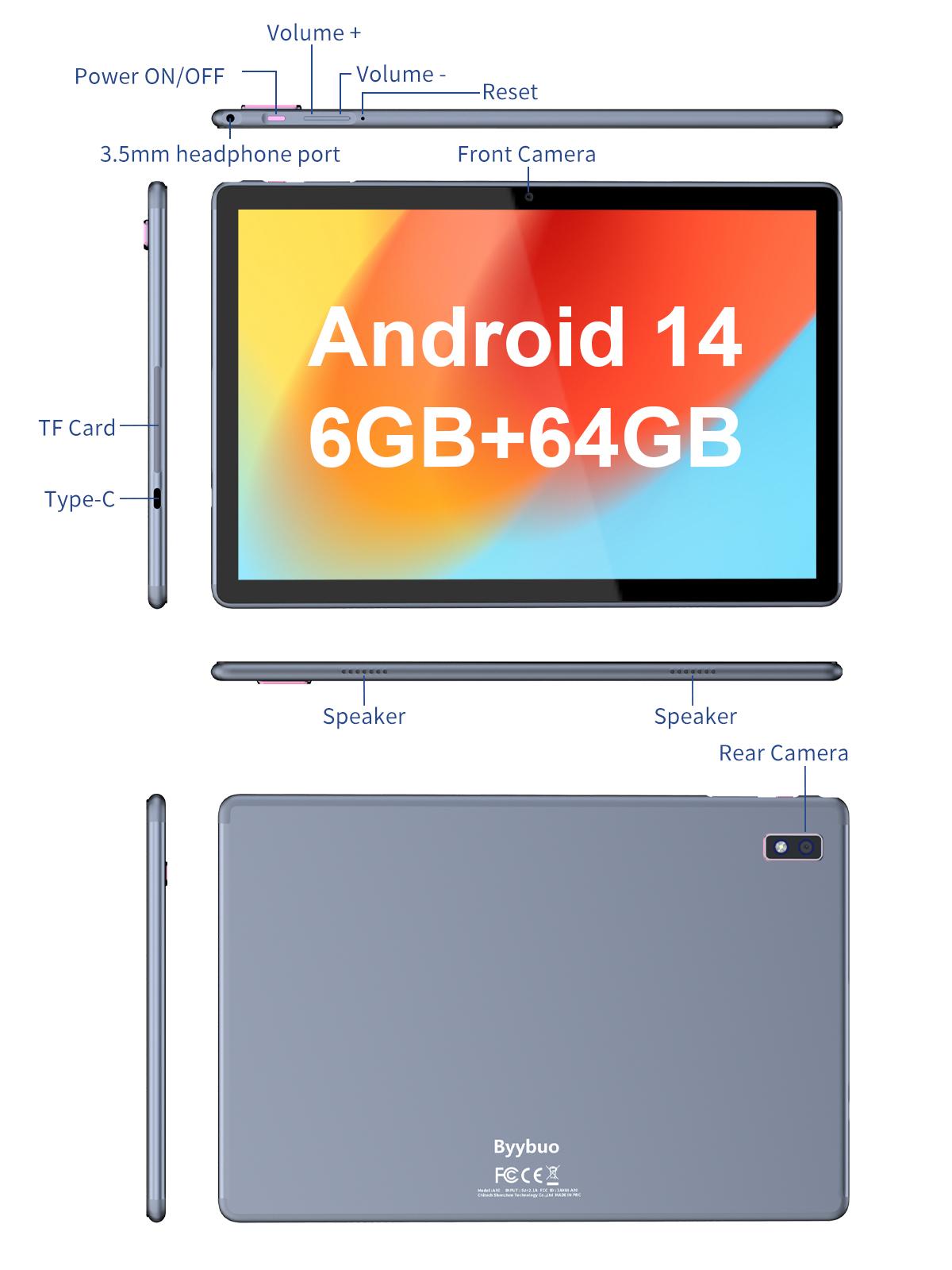 BYYBUO 10.1 Inch Screen Protector Tablets Android 14 with Case Pad, 6(2+4)GB+ 64GB,  Quad-Core Processor,5+8MP Dual Camera for Gift - Bluetooth Wireless Outdoorfun Rear Smartphone Cellphone