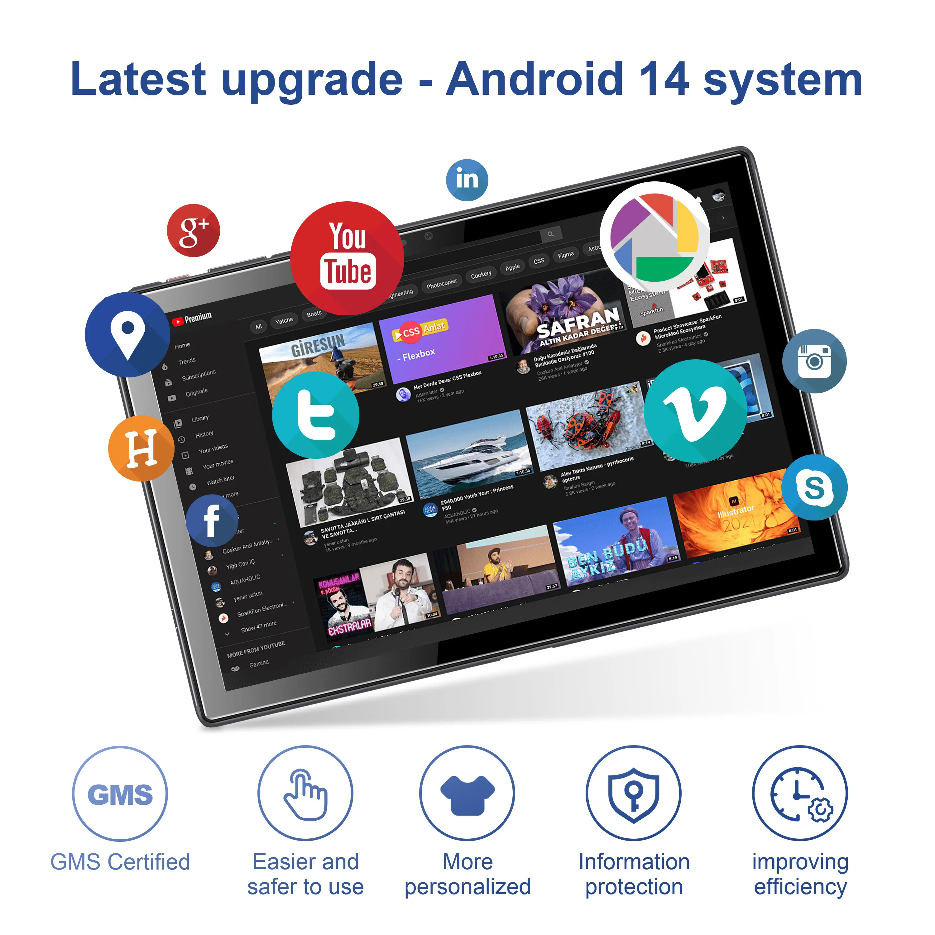 Protector de pantalla de 10.1 pulgadas para tablets Android 14 (con funda incluida) — 6 GB (2+4) + 64 GB, procesador de cuatro núcleos, cámara dual de 5+8 MP — Ideal para regalar — Con Bluetooth inalámbrico y cámara trasera (estilo smartphone)