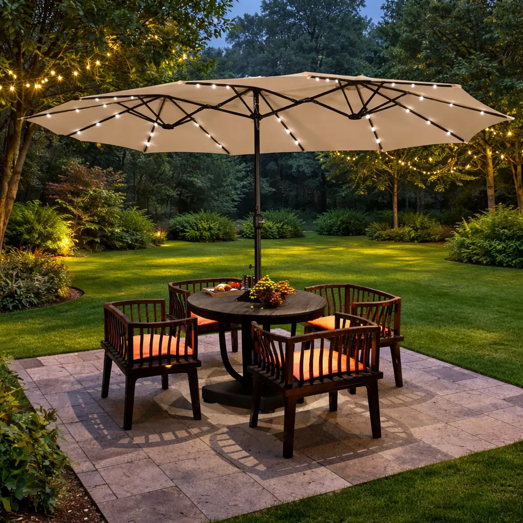 【Luces solares de 15/13 pies】 Sombrilla grande para patio con 36 luces LED solares integradas, sistema de apertura con manivela y estructura de hierro reforzada; incluye base y sacos de arena para patio, jardín o parque.