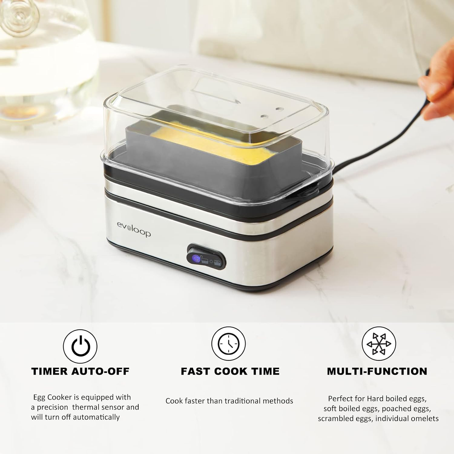 Evoloop - Olla de huevos rápida eléctrica, capacidad de 6 huevos, suave, mediano, hervida, cazador furtivo para huevos con apagado automático, sin BPA