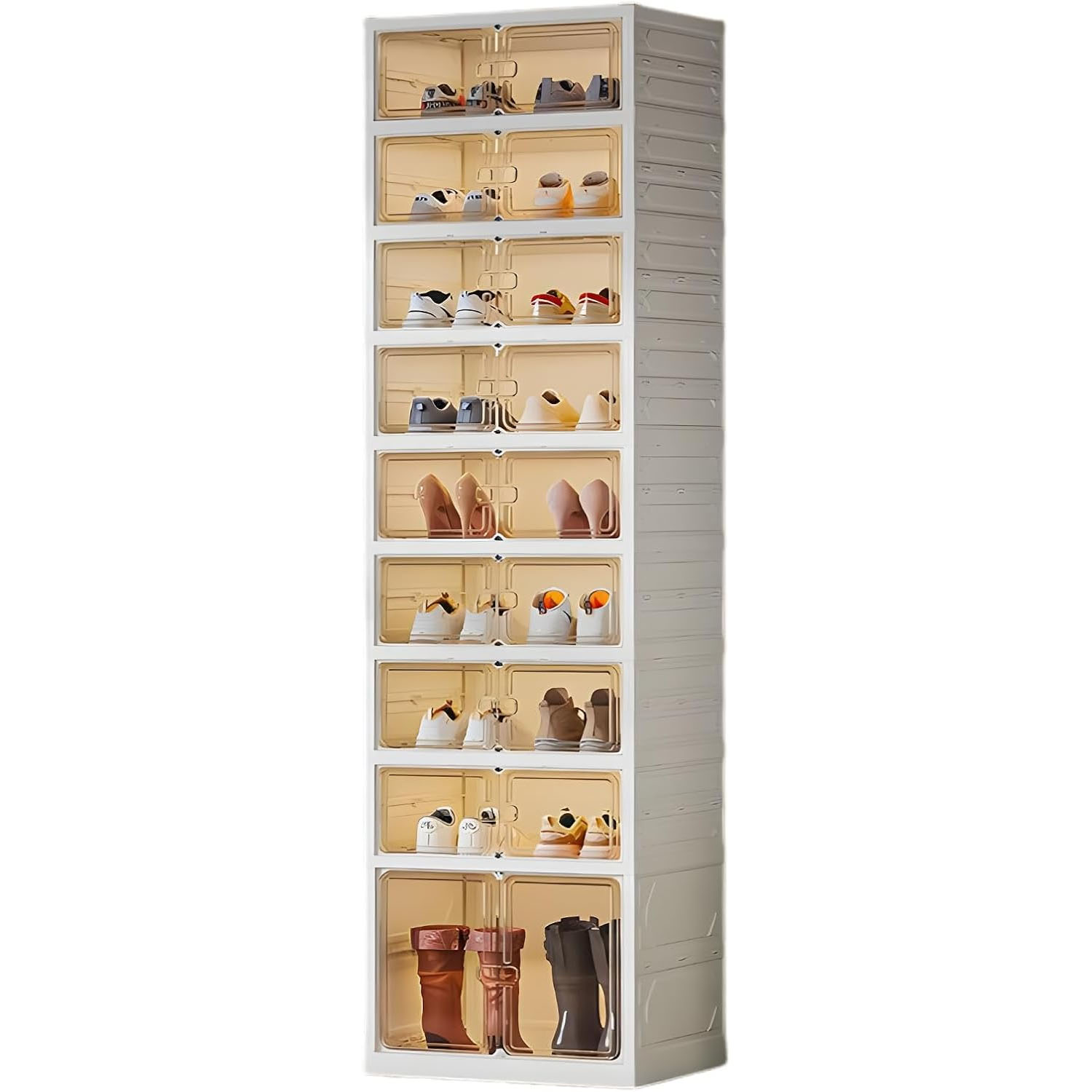 Organizador de zapatos plegable negro de 9 niveles, 18 pares, armario de almacenamiento de zapatos plegable con puertas magnéticas, sin montaje, estante de zapatos apilable alto para entrada, sala de estar (blanco)