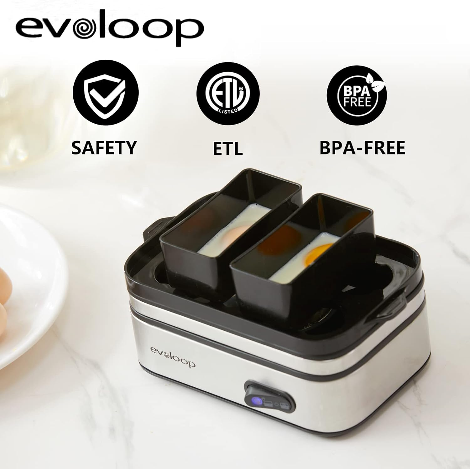 Evoloop - Olla de huevos rápida eléctrica, capacidad de 6 huevos, suave, mediano, hervida, cazador furtivo para huevos con apagado automático, sin BPA