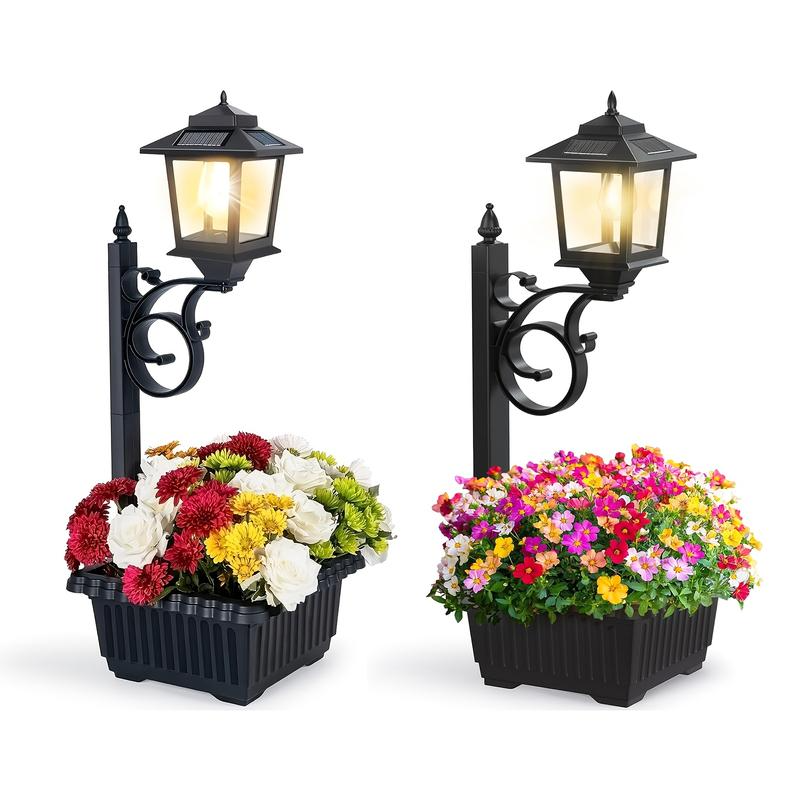 Hoodink —2 unidades de lámparas solares de poste con macetero | Decoración de ambientes para Pascua y bodas | Lámpara de poste negra | Luz solar de exterior 2 en 1 para porches, entradas, patios y decoración de caminos